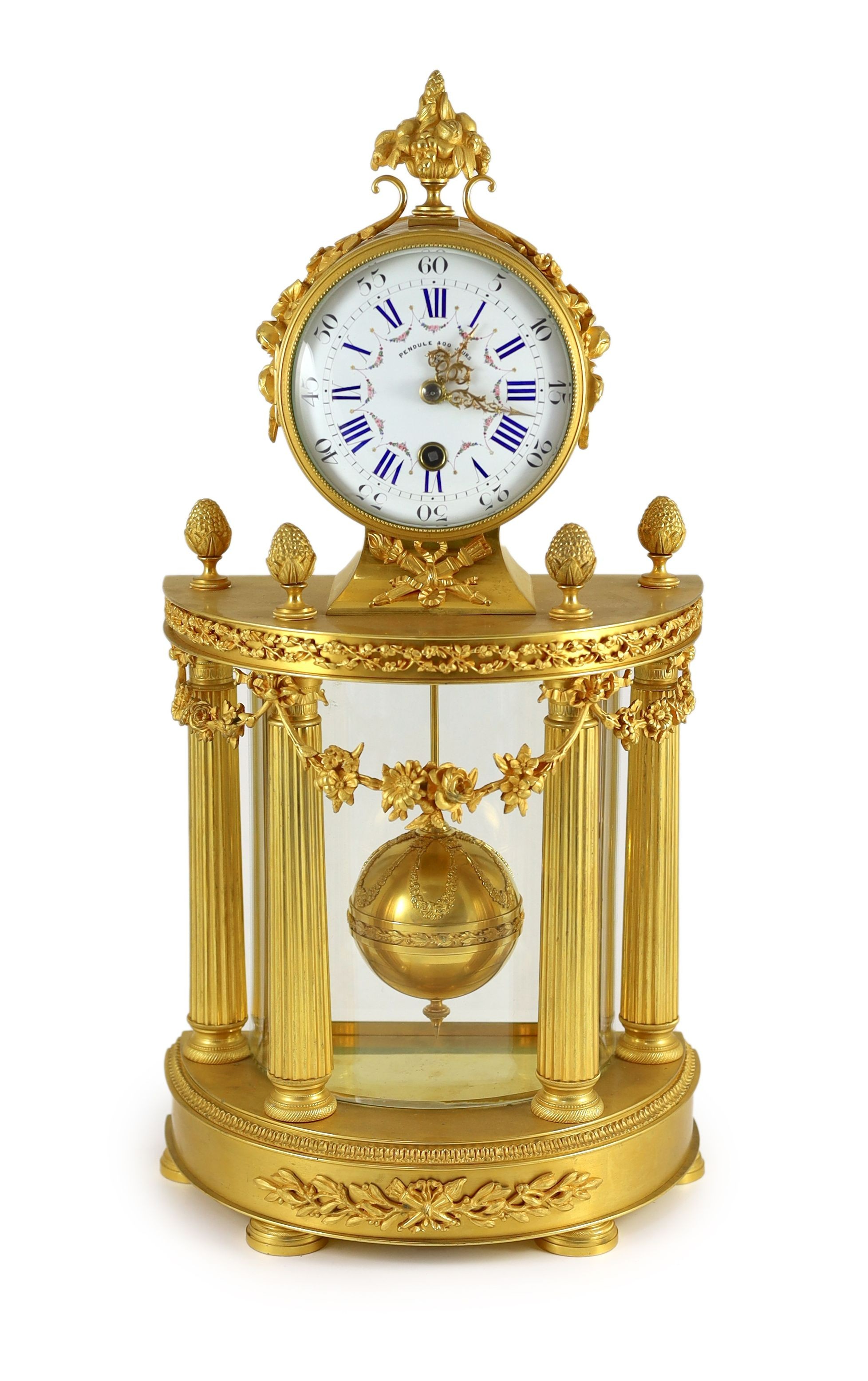 An early 20th century French ormolu 400 day mantel clock, width 26cm, depth 15cm, height 52cm